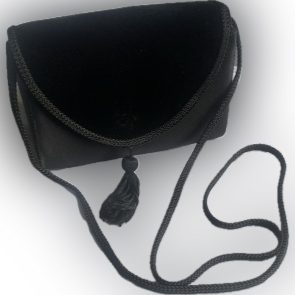 Small black formal evening purse with velvet trim & black tassel by La Regale